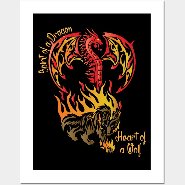 Spirit of a Dragon and the Heart of a Wolf in a Tribal / Tattoo Art Style Wall Art by Designs by Darrin